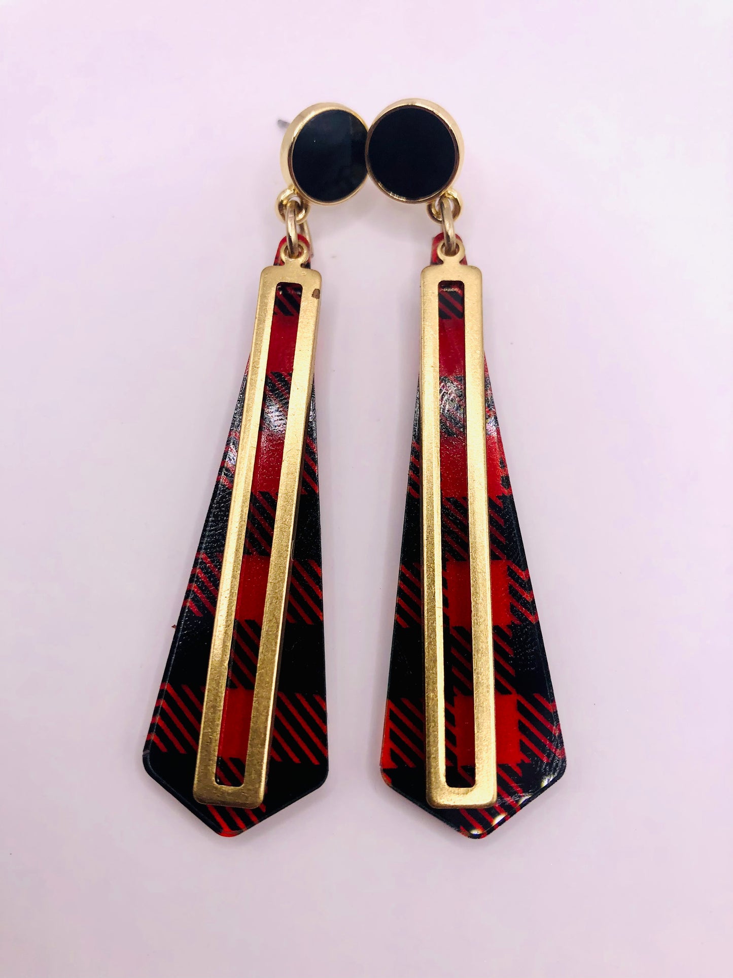 Long skinny red buffalo plaid earrings