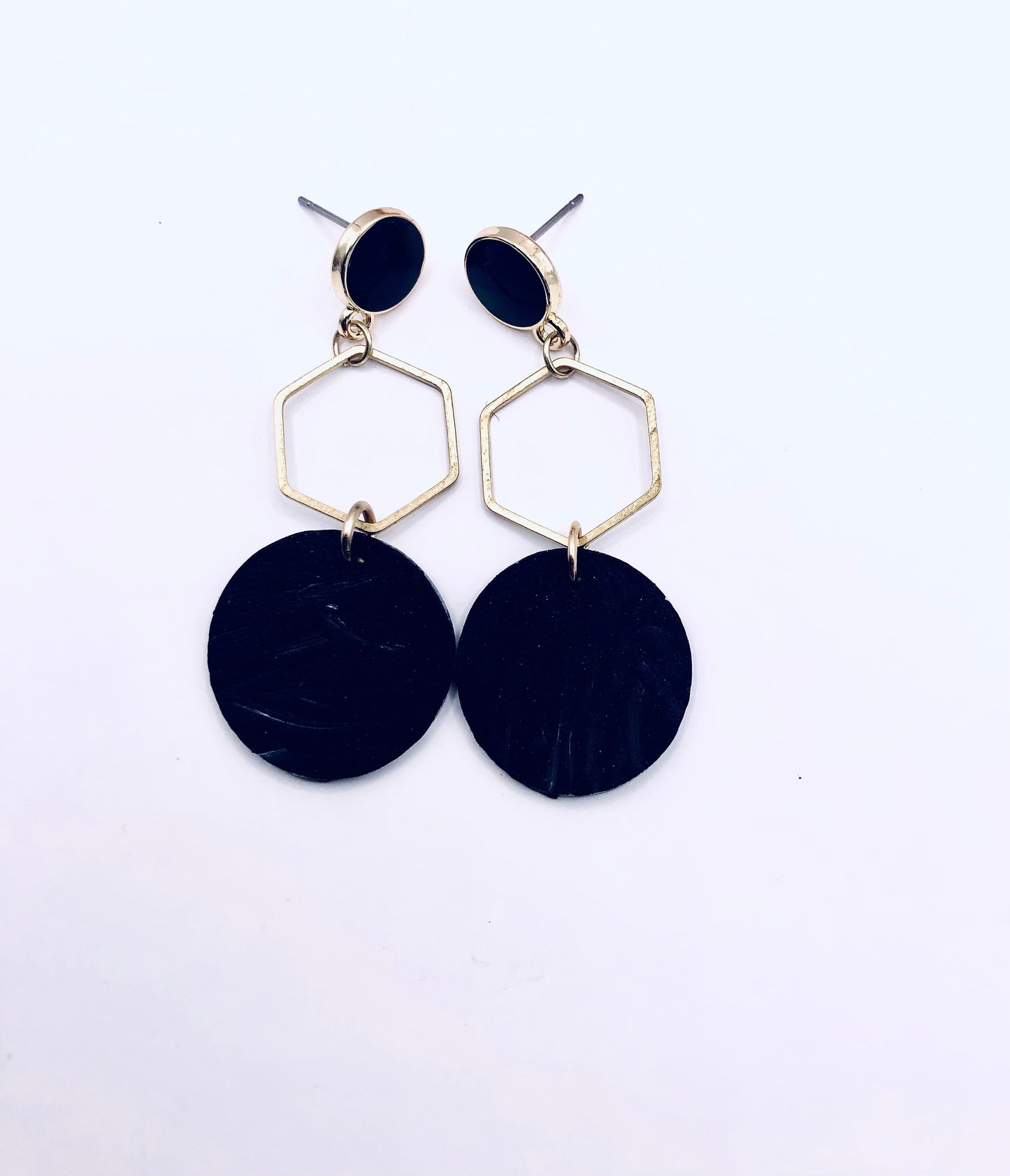 Black hexagon circle earrings